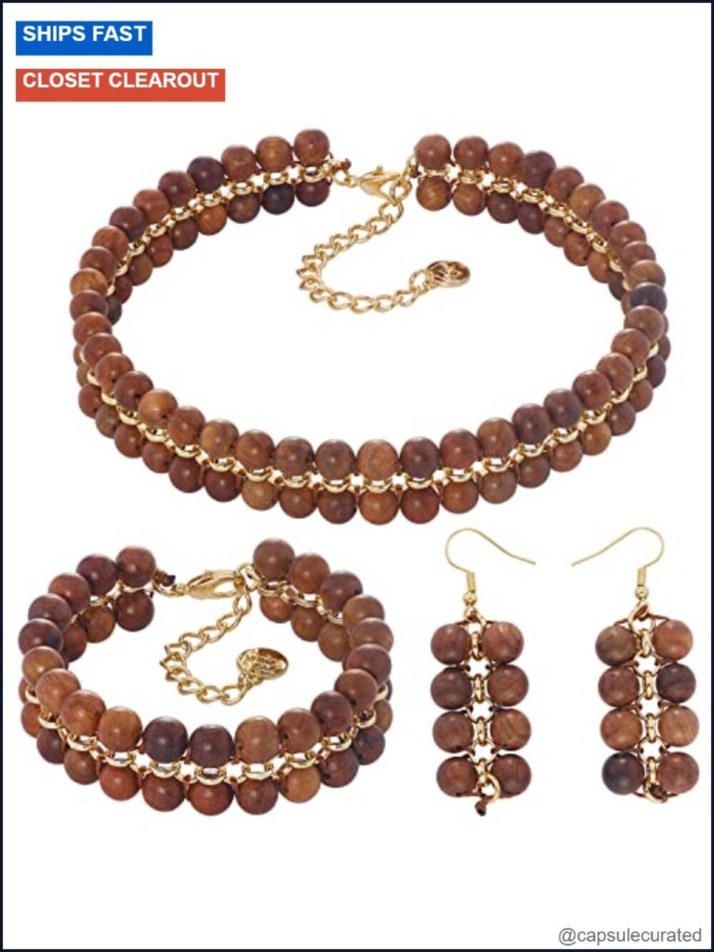 Wood Bead Layer Statement Necklace Choker Bracelet Earrings Set